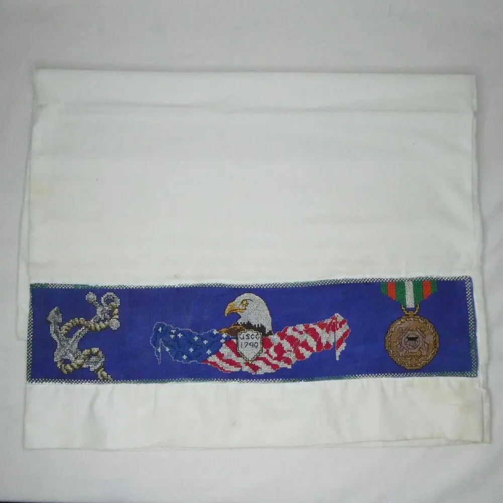 U.S. Coast Guard USCG Cross Stitch Pillowcases Eagle Anchor Medal‎ STAINS
